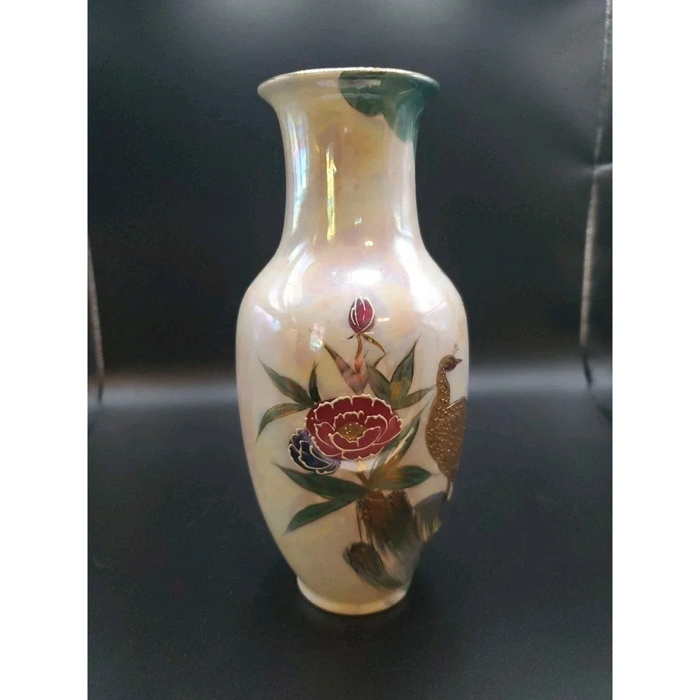 VTG Kutani Ware Hand Painted Porcelain Vase Peacocks In 24 Karat‎ Gold